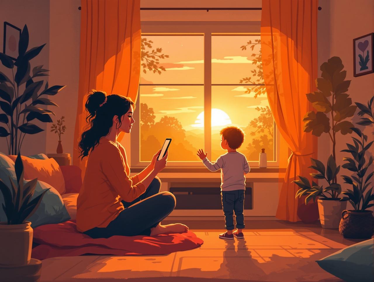 黄果品牌故事 - 创始人李晨曦与孩子一起观看动画片的温暖时刻